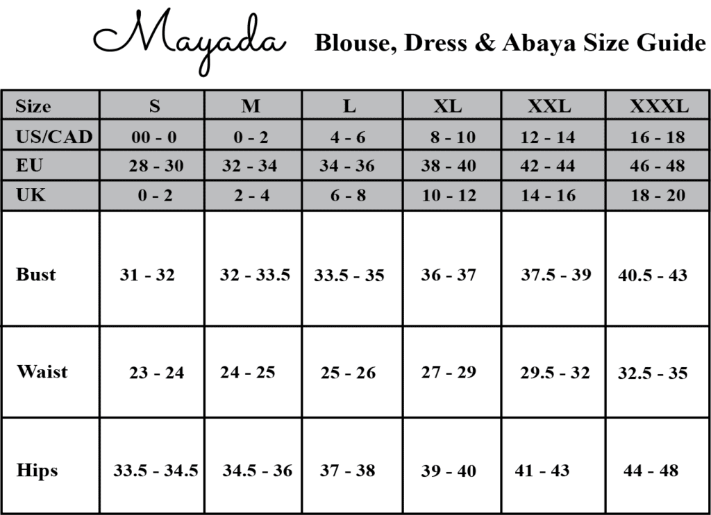 Maya Size Chart